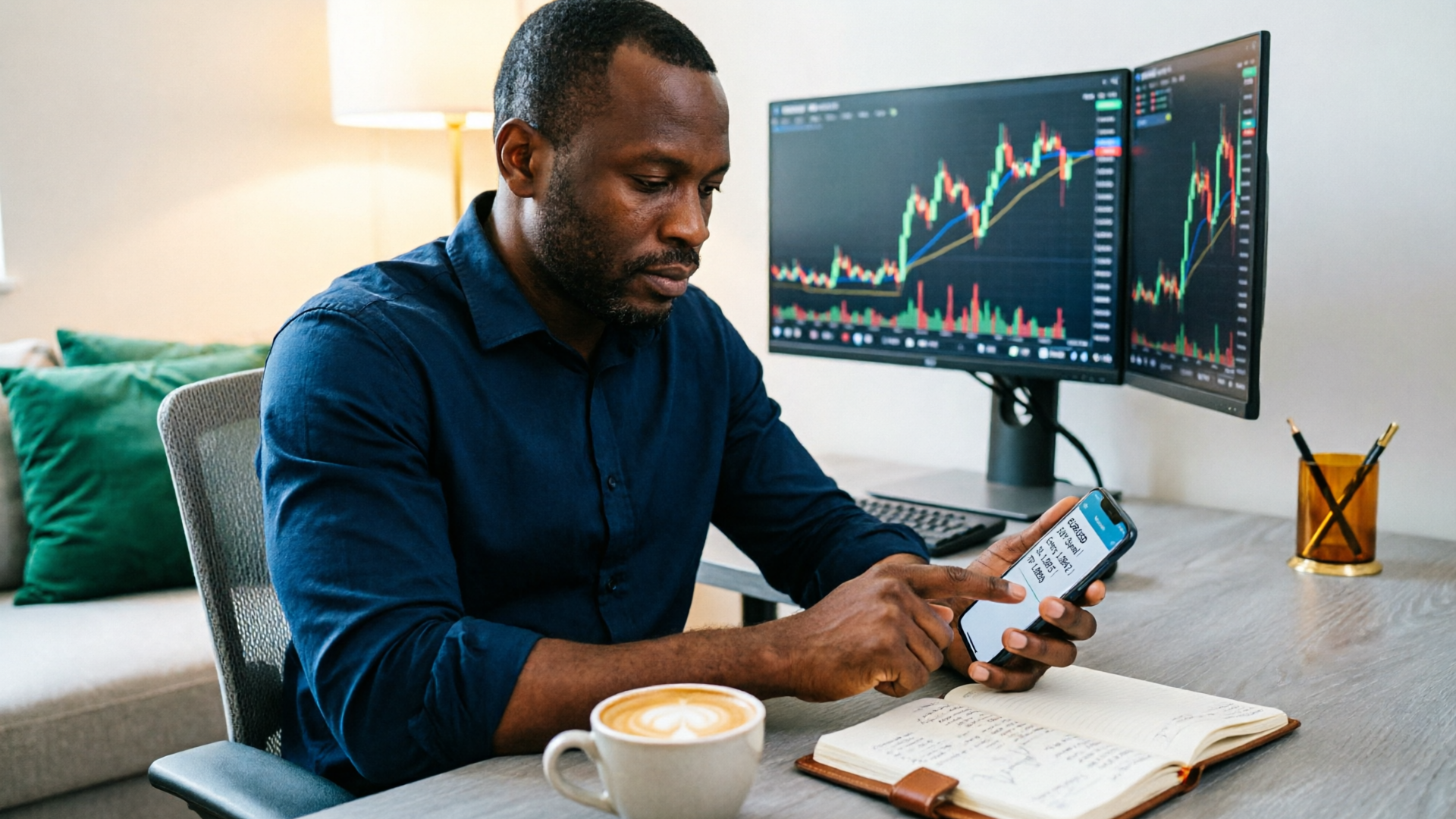 Accurate forex signals in Kenya trader checking signals on phone