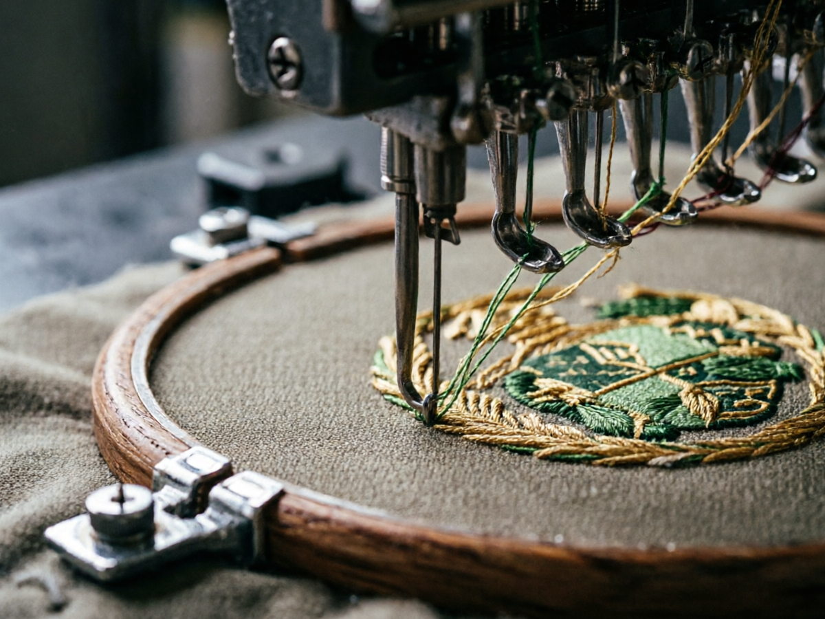 Macro photograph of a multi-head embroidery machine stitching a green and gold crest patch, needle mid-stitch