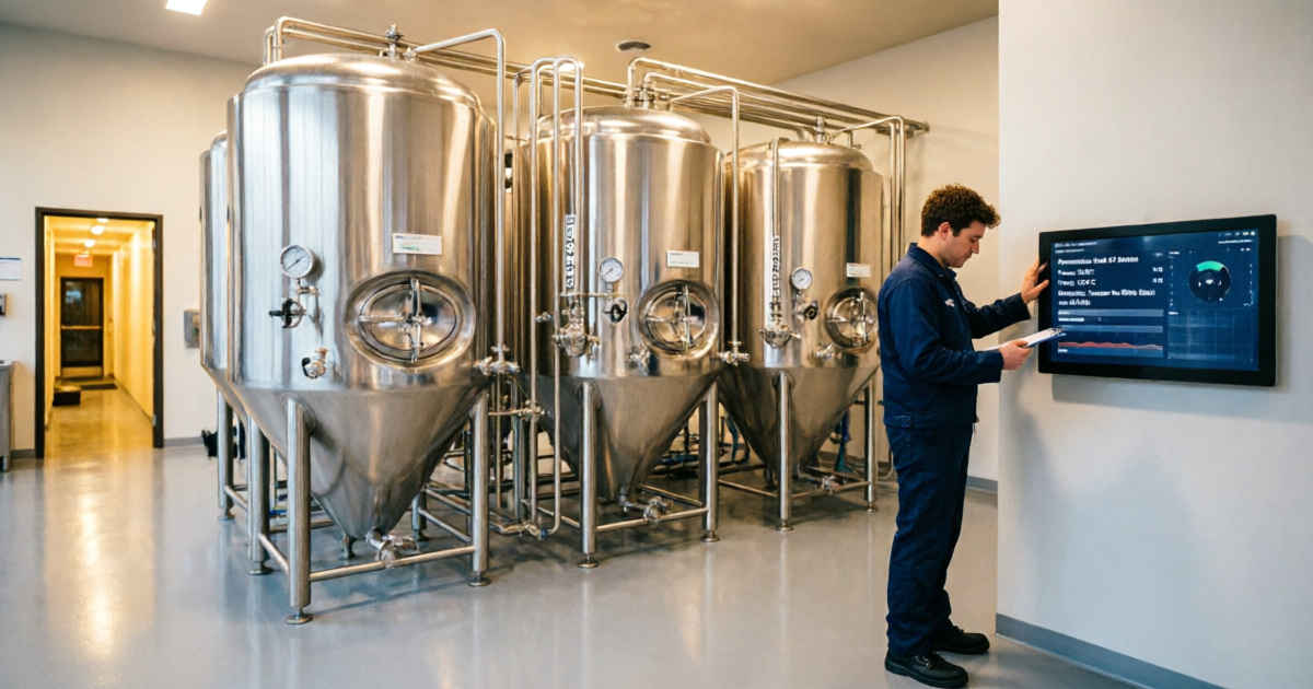 Commercial brewery interior with stainless steel tanks and brewer checking tablet production data
