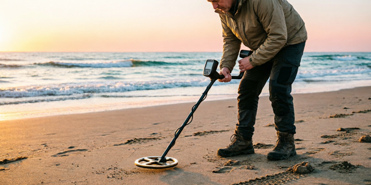 Metal detectorist scanning a sandy beach at golden hour