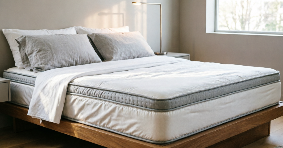 DreamCloud Premier Hybrid Mattress displayed in a modern luxury bedroom with white bedding and soft natural lighting