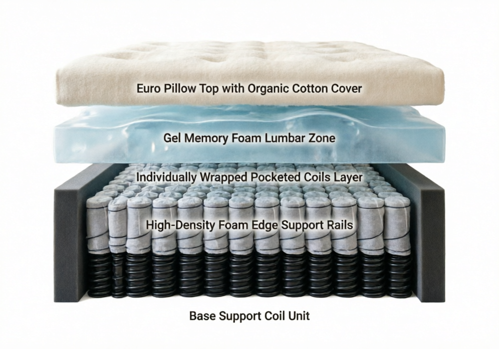Cross-section diagram showing the five layers of the Saatva Classic mattress: Euro pillow top, Lumbar Zone memory foam, pocketed coils, foam edge support, and base coil unit