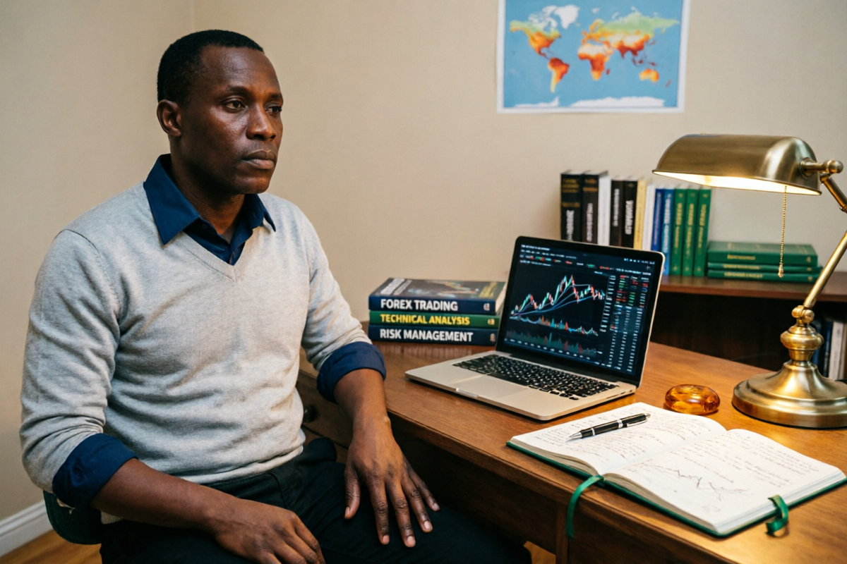 Kenyan trader studying forex trading materials at home