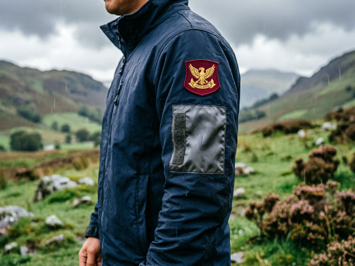 Embroidered unit crest patch stitched above a hook-and-loop panel on a navy softshell sleeve, drizzly hillside backdrop