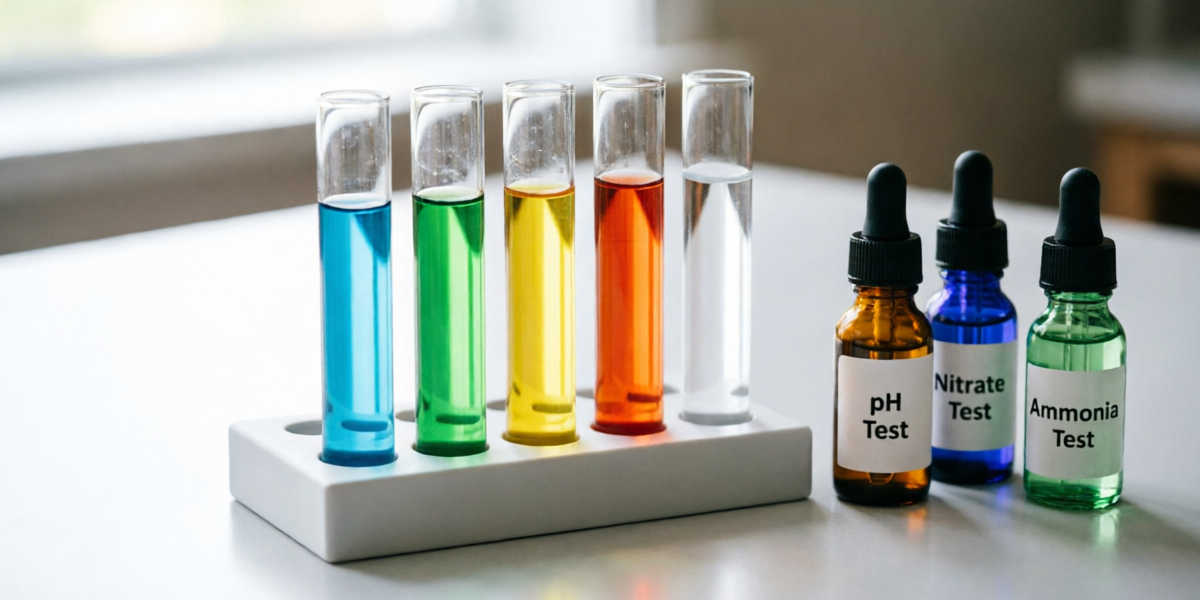 Aquarium hobbyist performing water parameter tests using liquid test kits with multiple colored test tubes