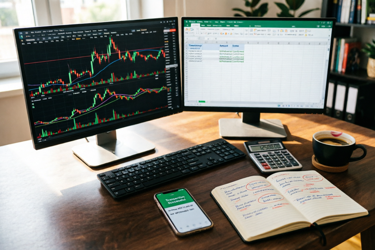 The Kenya Forex Firm testing desk: dual monitors, withdrawal log and phone