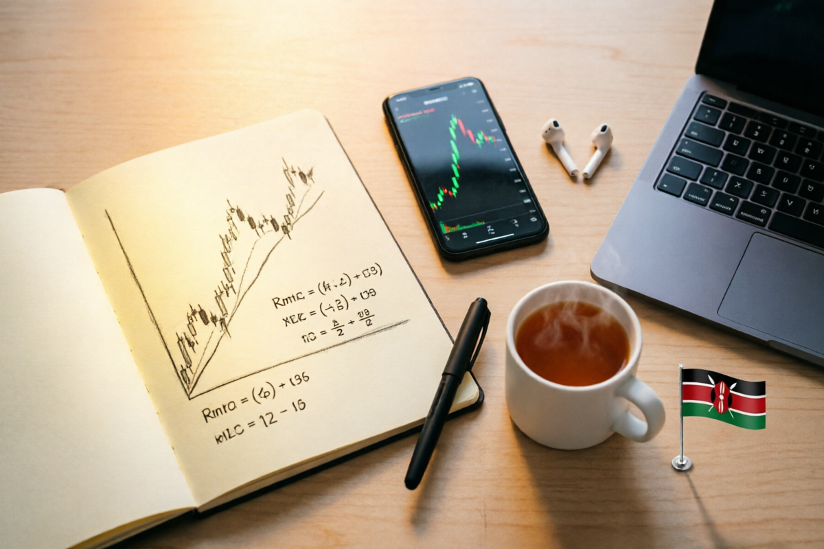 Online forex trader's study setup - notebook, phone with charts, laptop, tea