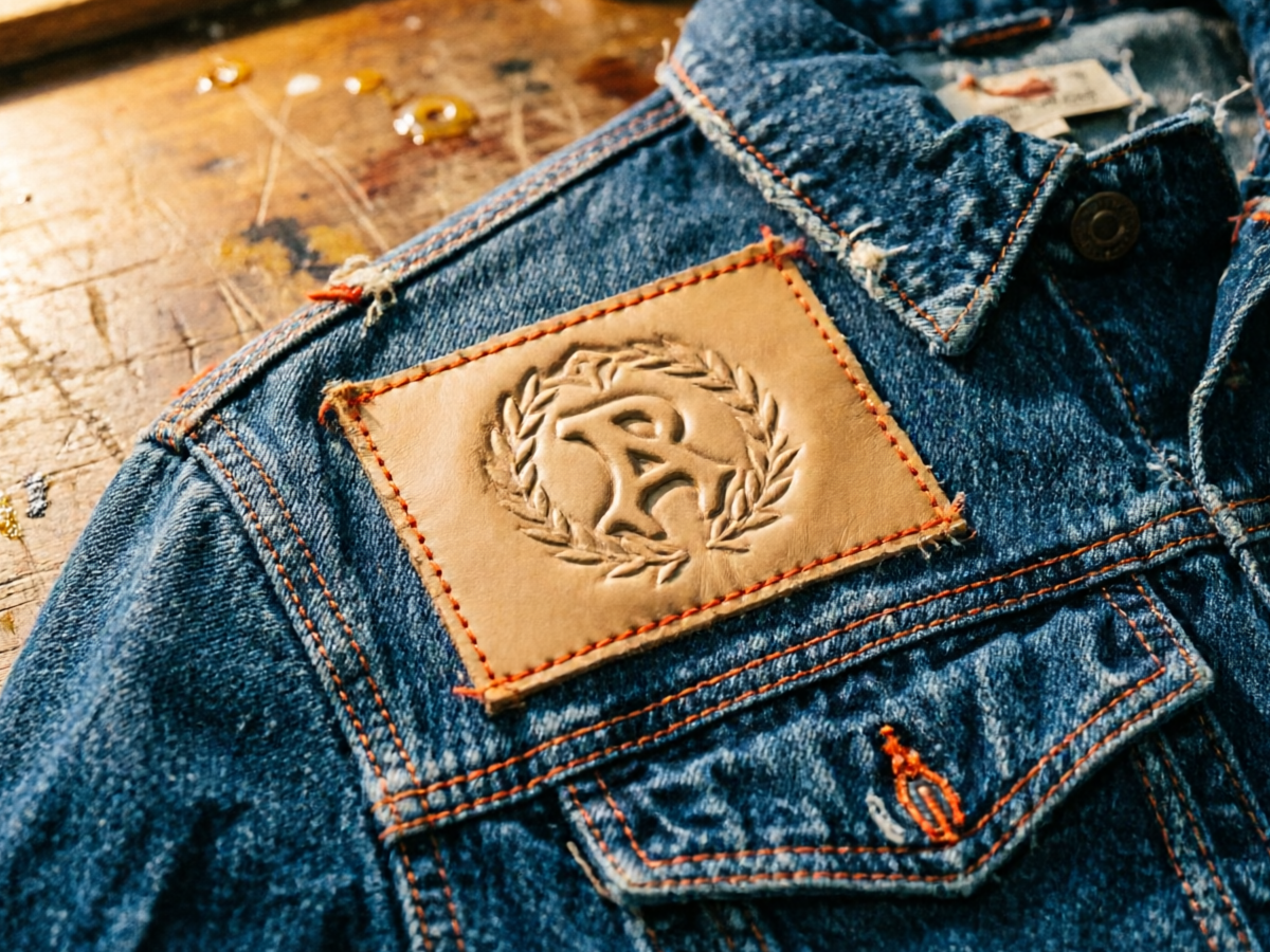 Tan vegetable-tanned leather patch with debossed logo hand-stitched onto raw indigo denim