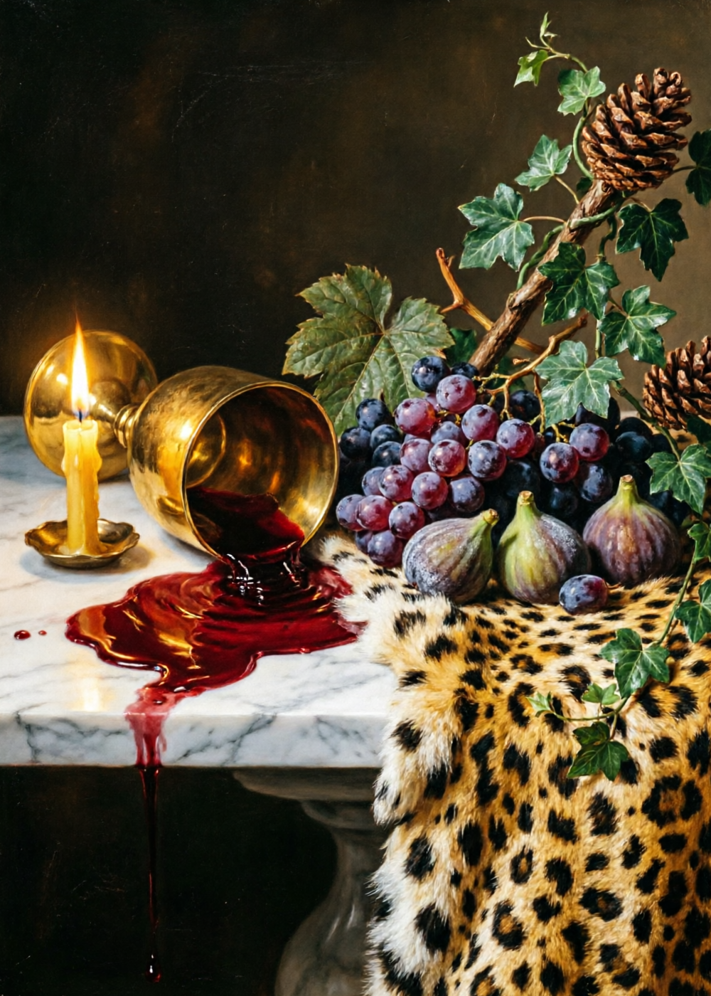 Baroque still life of a Bacchic feast by candlelight