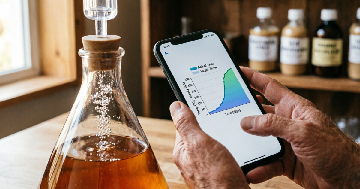 Homebrewer using smartphone app to log fermentation data next to a glass carboy