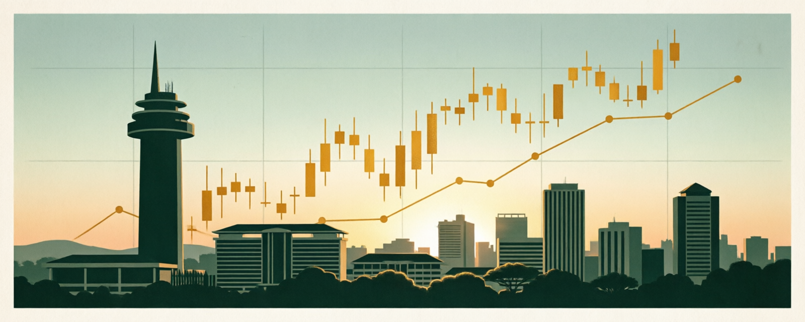 Illustration of the Nairobi skyline with a rising market chart