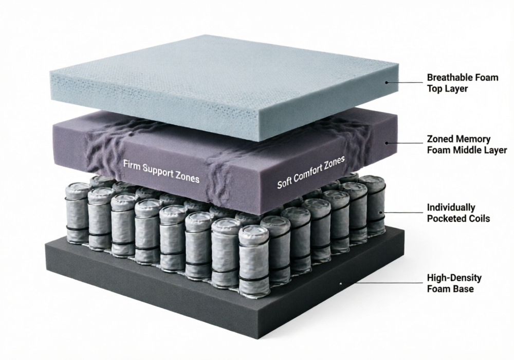 Cross-section diagram showing the five layers of the Casper Dream Hybrid mattress including Breathe Flex Foam, Zoned Support memory foam, Flex Coils, Casper Core Edge, and Casper Core base