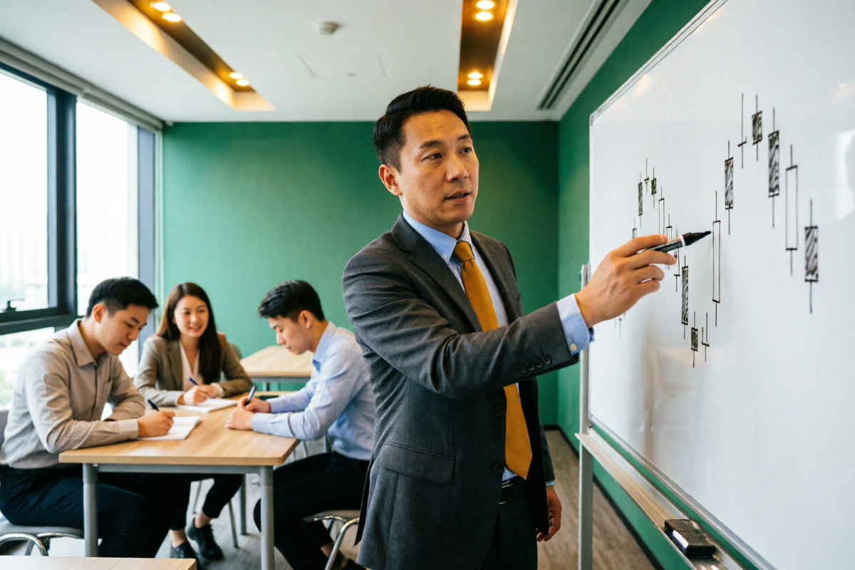 Expert instructor teaching forex trading in classroom