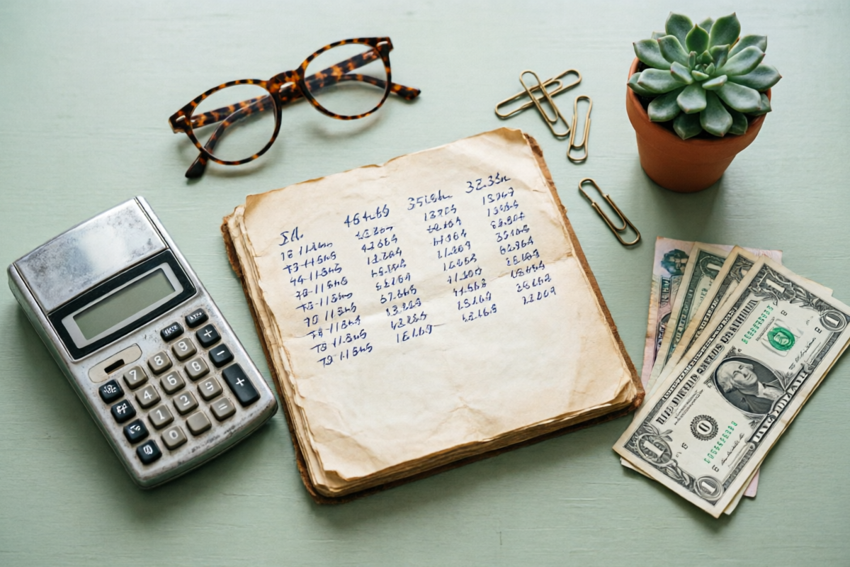 A ledger, calculator and shilling notes on a desk — illustrating how trading volume is tallied into monthly rebates