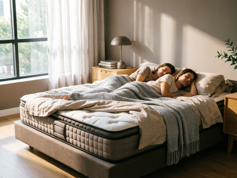 Couple sleeping peacefully on the DreamCloud Premier Hybrid mattress in a serene modern bedroom