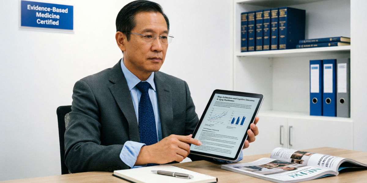 Board-certified sleep medicine physician reviewing scientific research and clinical data on a tablet for content verification