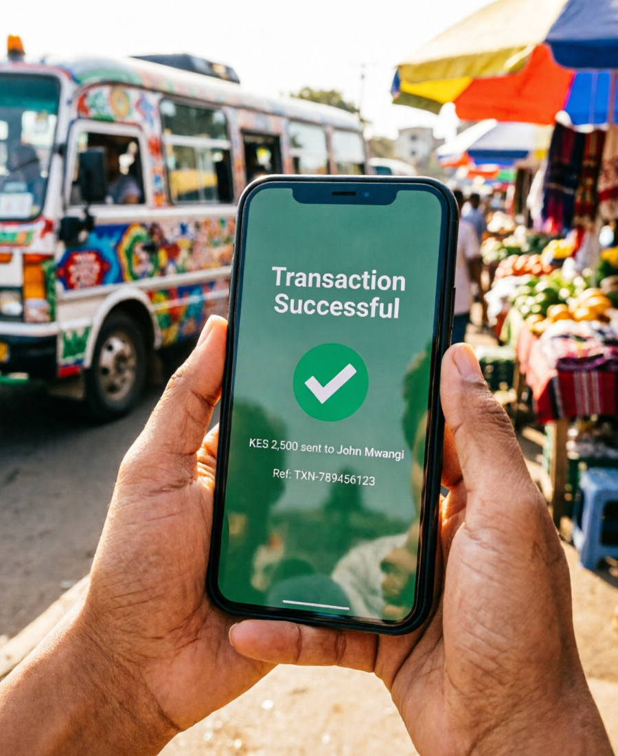 A trader's phone confirming an M-PESA payment in Nairobi