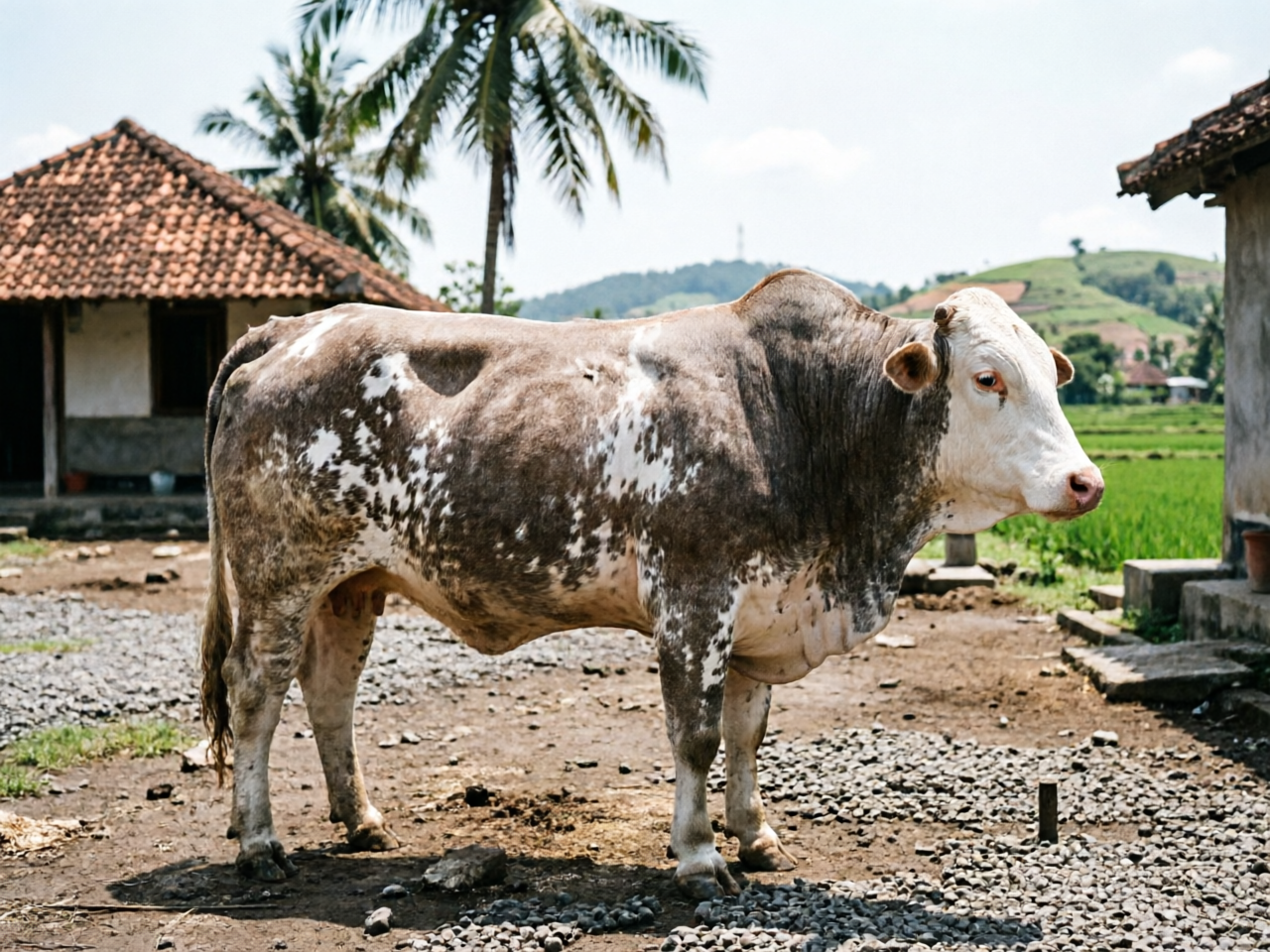 Sapi Pegon Super belang abu-cokelat dengan wajah putih di kandang Andini Farm Yogyakarta