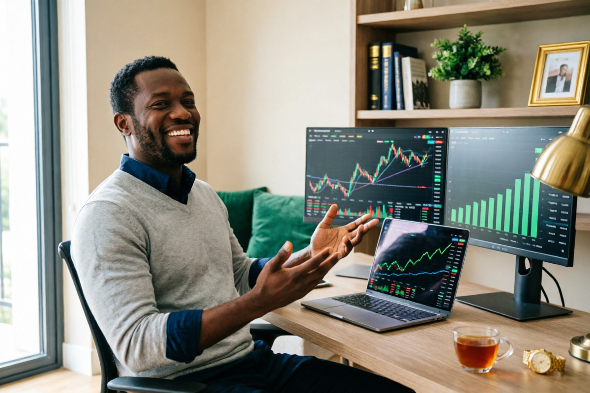 Successful forex trader celebrating profits