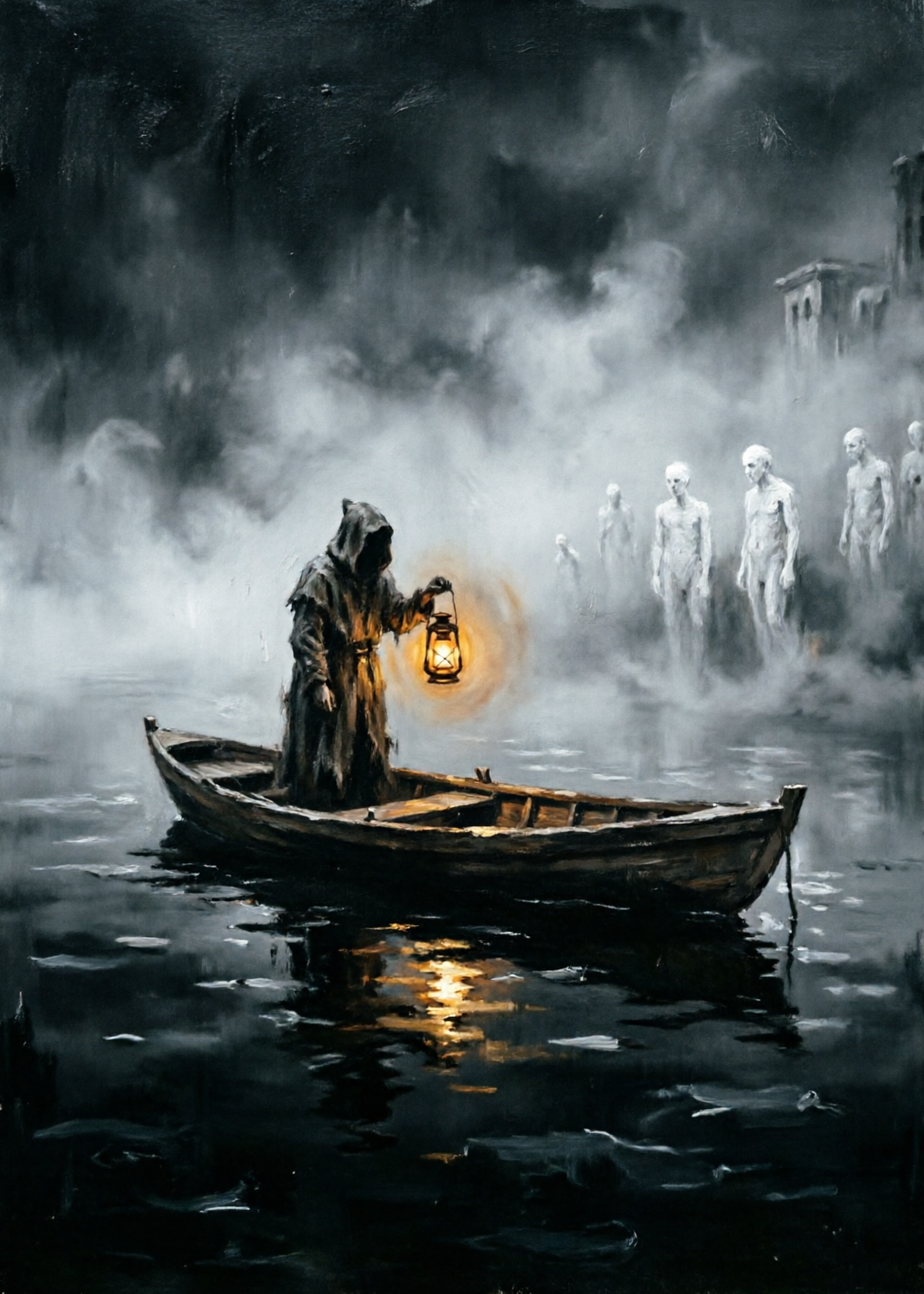 Charon's boat crossing the dark Styx by lantern light