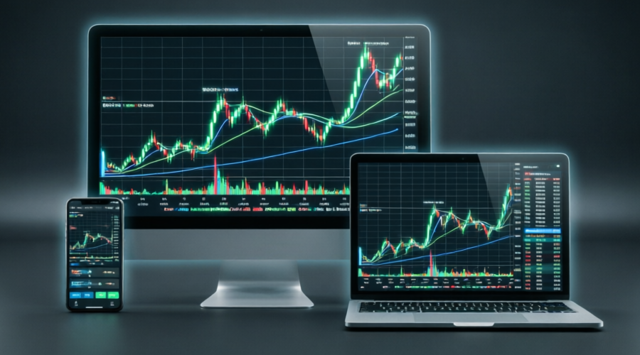Multiple trading platforms including MetaTrader 4, MetaTrader 5, cTrader and Exness mobile app displayed across desktop, laptop and smartphone devices