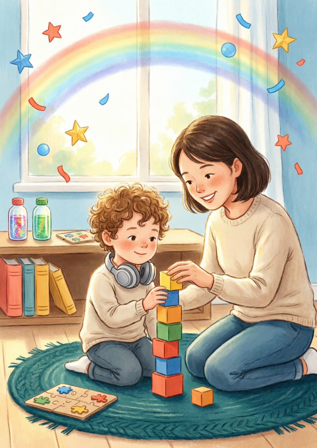Capa do ebook: mãe e filho autista montando blocos coloridos