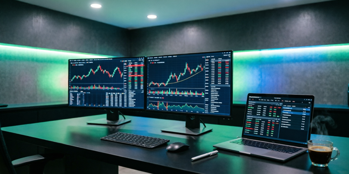 Professional forex trading setup with multiple monitors showing live charts - representing our hands-on FBS broker testing environment