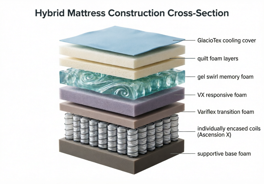 Cross-section diagram showing the seven layers of the Brooklyn Bedding Signature Hybrid mattress including GlacioTex cover, Gel Swirl Memory Foam, VX Responsive Foam, Variflex Transition Foam, Ascension X coils, and base foam