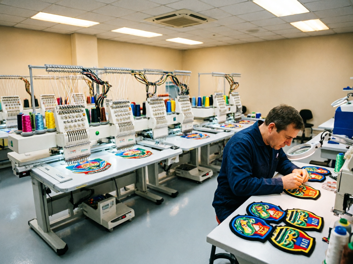 Small British patch factory floor with rows of multi-head embroidery machines and an operator checking a batch
