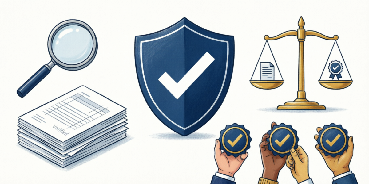 Illustration representing trust and transparency in editorial content: shield with checkmark, magnifying glass, scales of justice, and verified badges