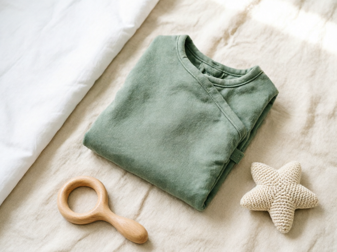 A sage-green wearable sleep sack and white crib sheet arranged for a safe infant sleep setup