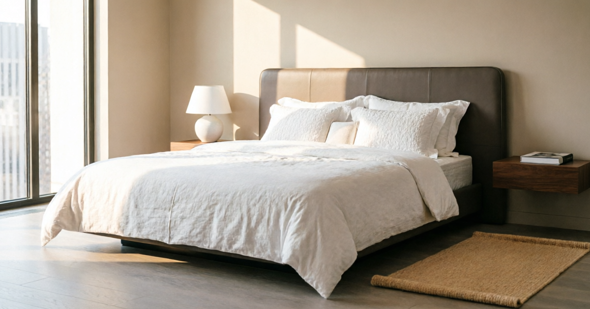 Saatva Classic Mattress displayed in a luxury hotel-style bedroom with white bedding, Euro pillow top visible, and elegant morning lighting
