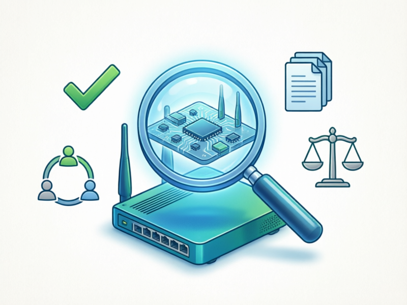 Professional illustration showing editorial integrity and transparency in tech journalism, featuring a magnifying glass examining networking equipment surrounded by icons representing OptimumRouter's honesty, research, fairness, and community