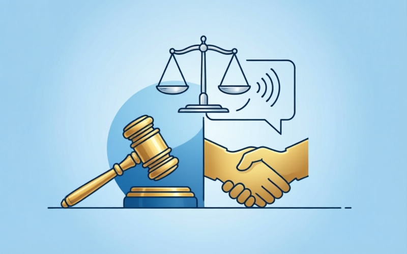Illustration of dispute resolution and arbitration - scales of justice with handshake representing fair mediation and legal compliance