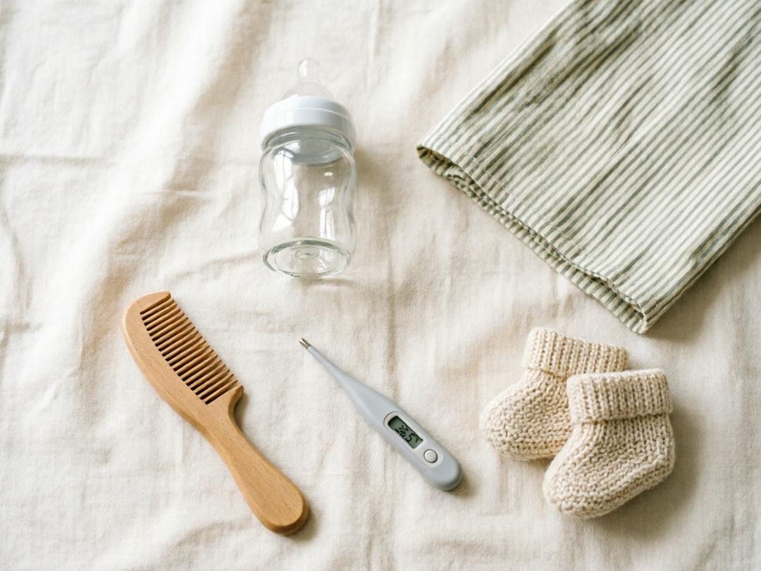 Newborn essentials flat-lay with a glass bottle, muslin swaddle and wooden baby brush