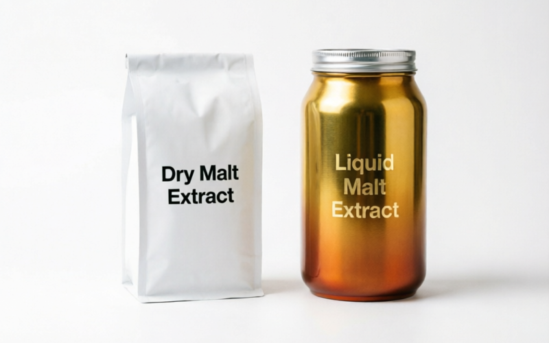 Comparison of Dry Malt Extract (DME) in a white bag and Liquid Malt Extract (LME) in a gold can - two types of brewing malt extract