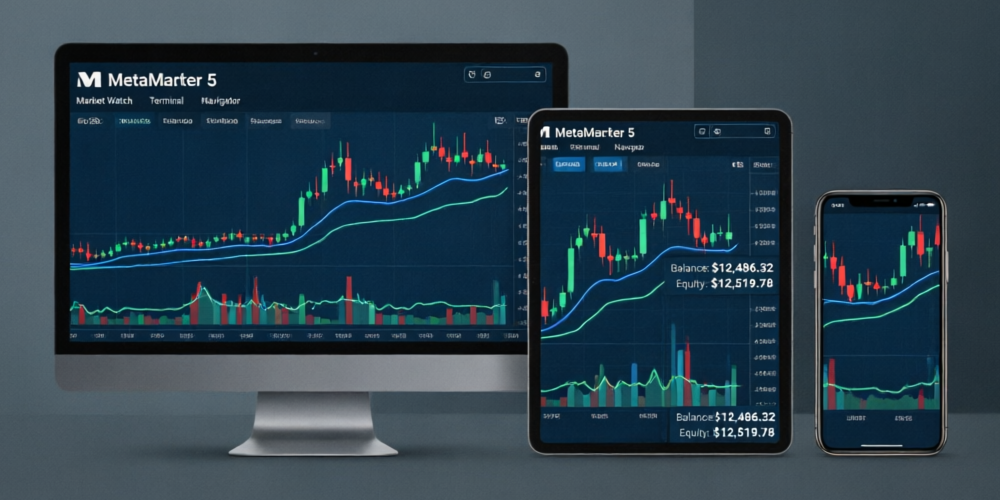 MetaTrader 5 trading platform interface showing candlestick charts across desktop, tablet, and mobile devices