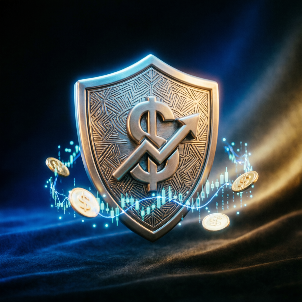 Risk management shield protecting financial assets with blue and gold glow
