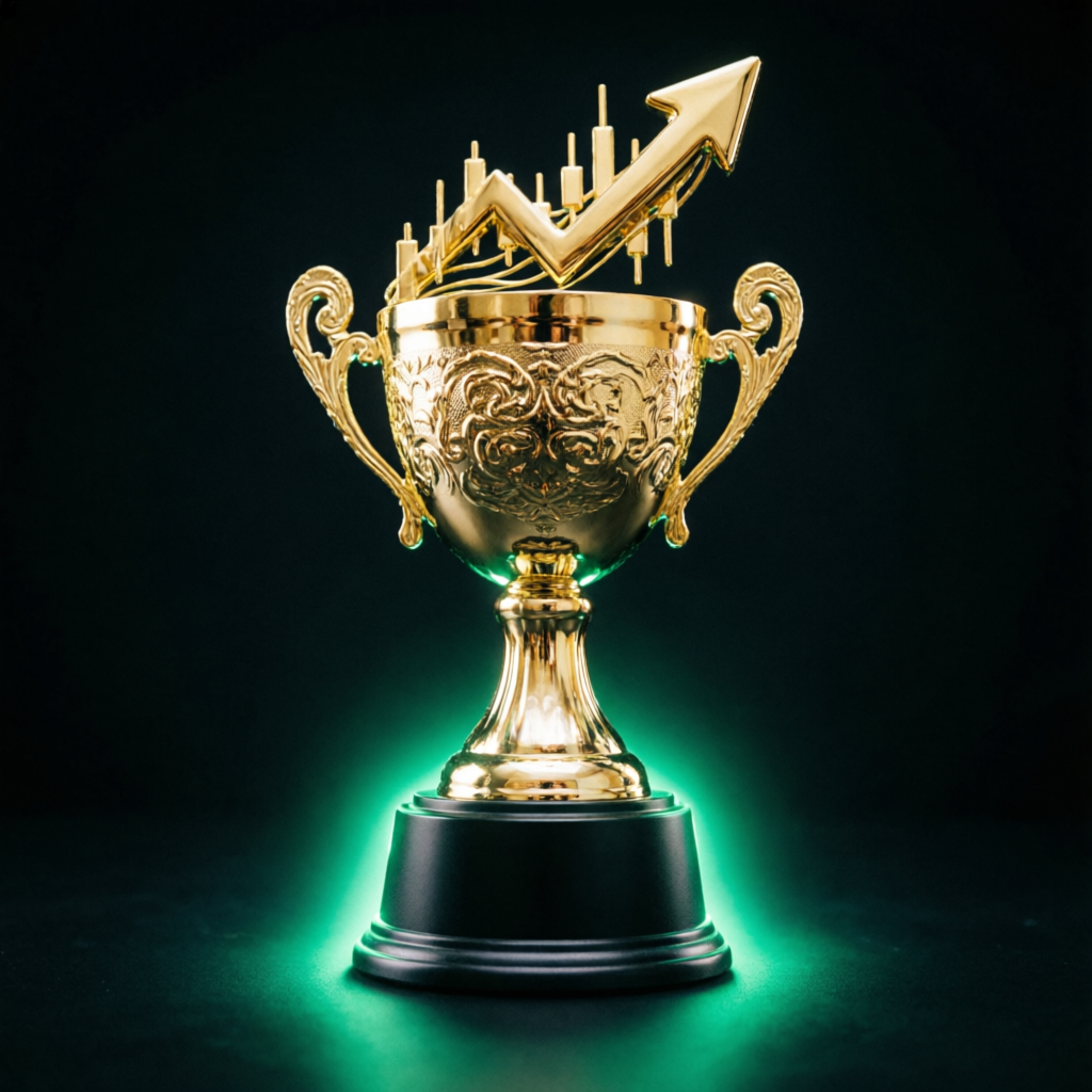 Gold trophy with upward trending chart representing trading success