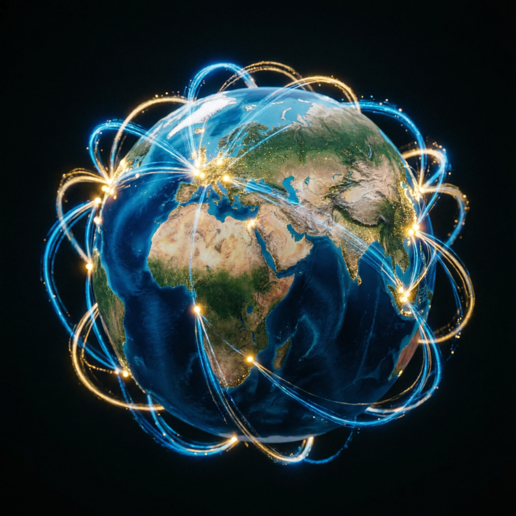 Global trading network with connected nodes around the world