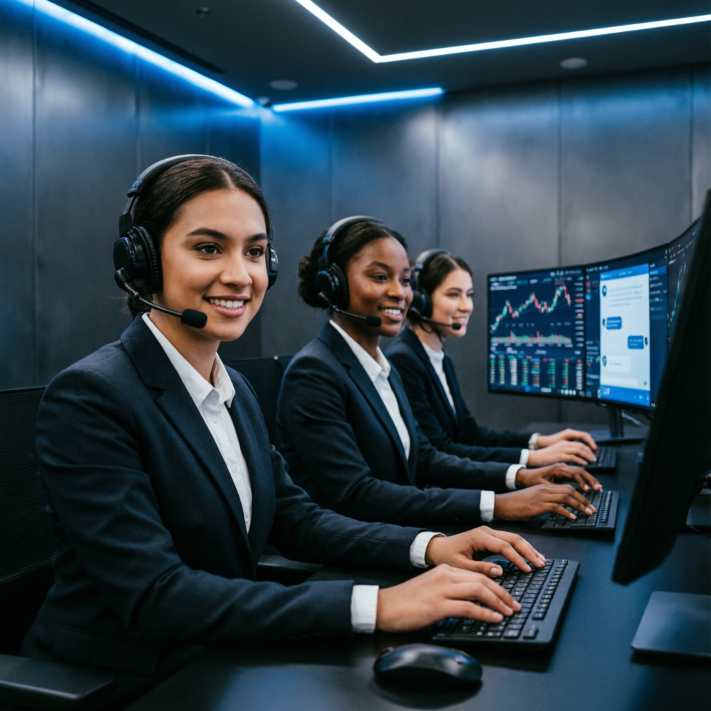 Professional customer support team with headsets helping traders