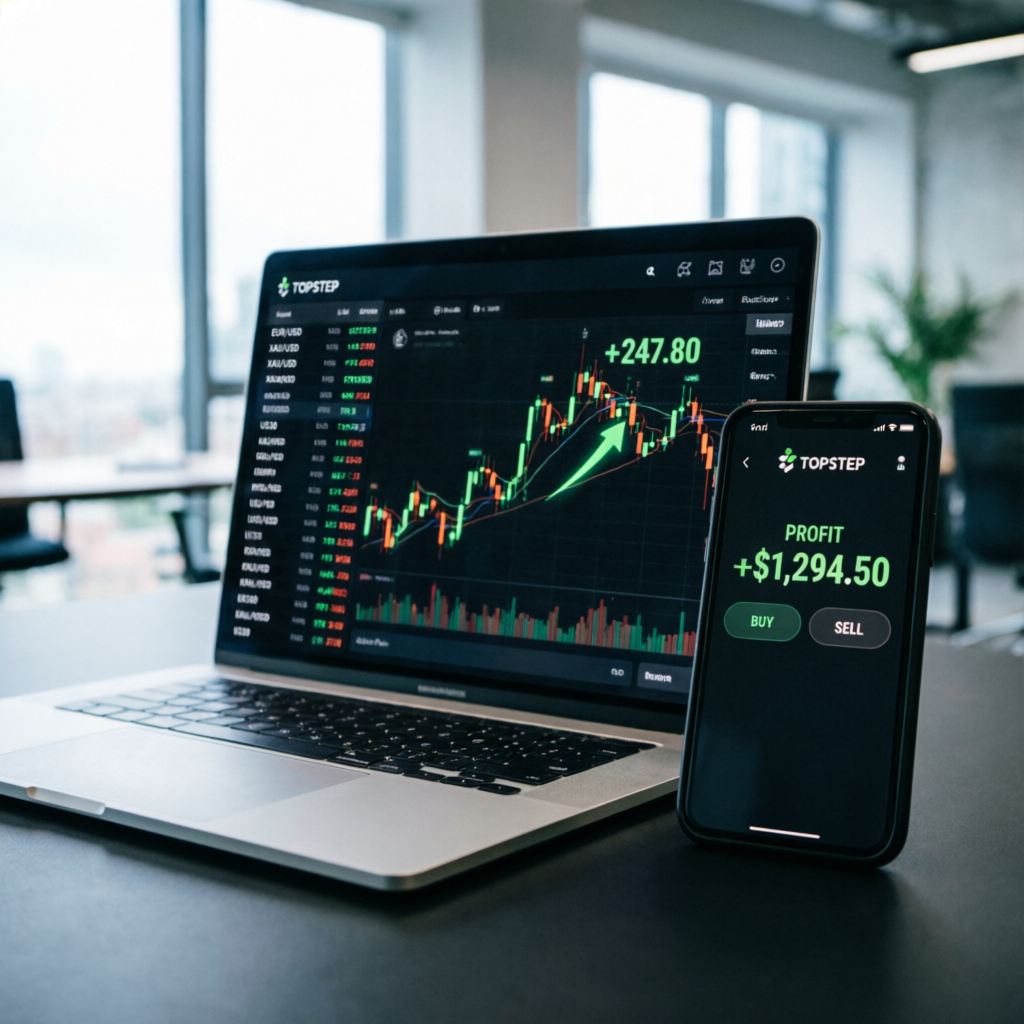 Topstep trading platform on laptop and mobile showing profit +247.80