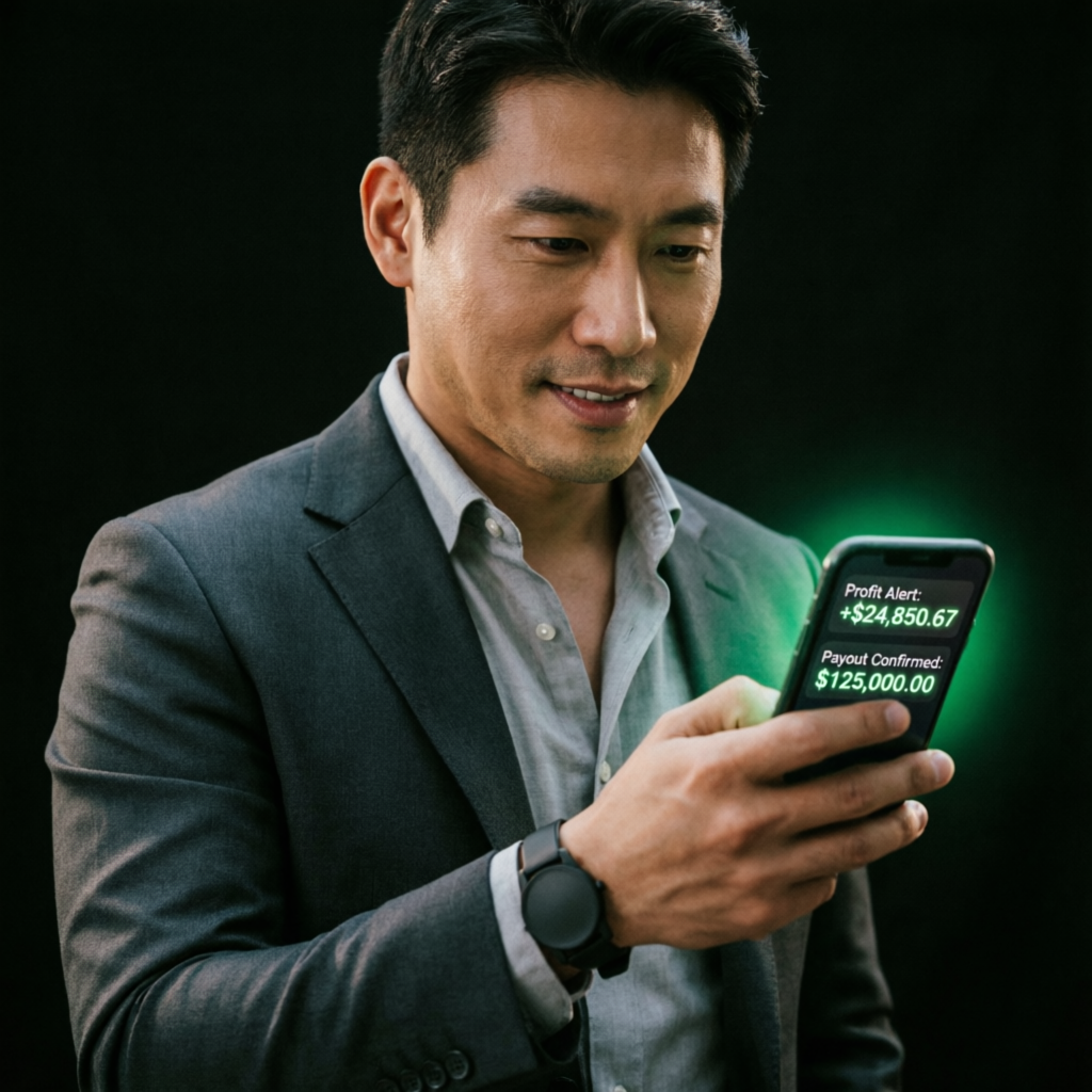 Successful trader holding smartphone showing profit alert +$24,850.67 and payout confirmed $125,000