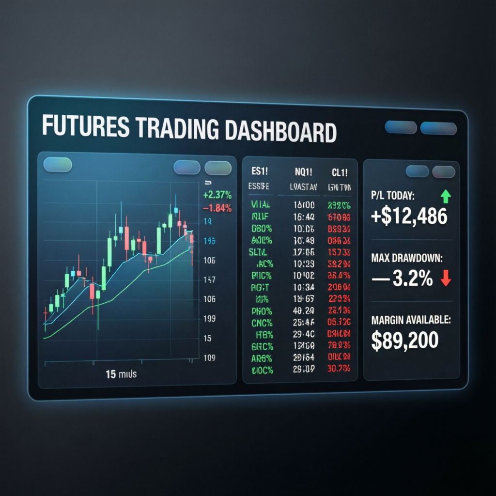 Futures trading dashboard showing P/L +$12,486 and max drawdown -3.2%