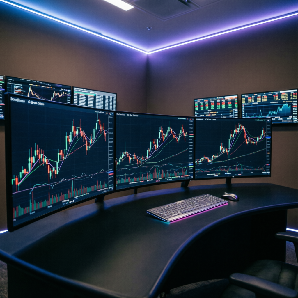 Professional trading room with multiple monitors showing candlestick charts