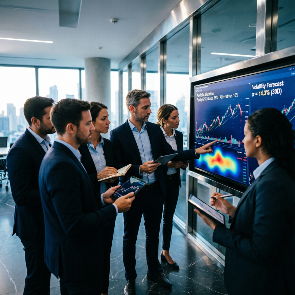 Professional team of financial analysts reviewing trading strategies