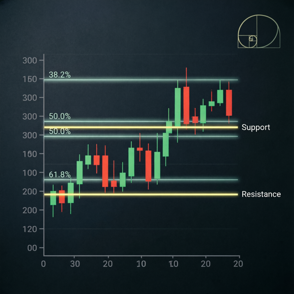 Trading strategy chart with Fibonacci levels and support resistance