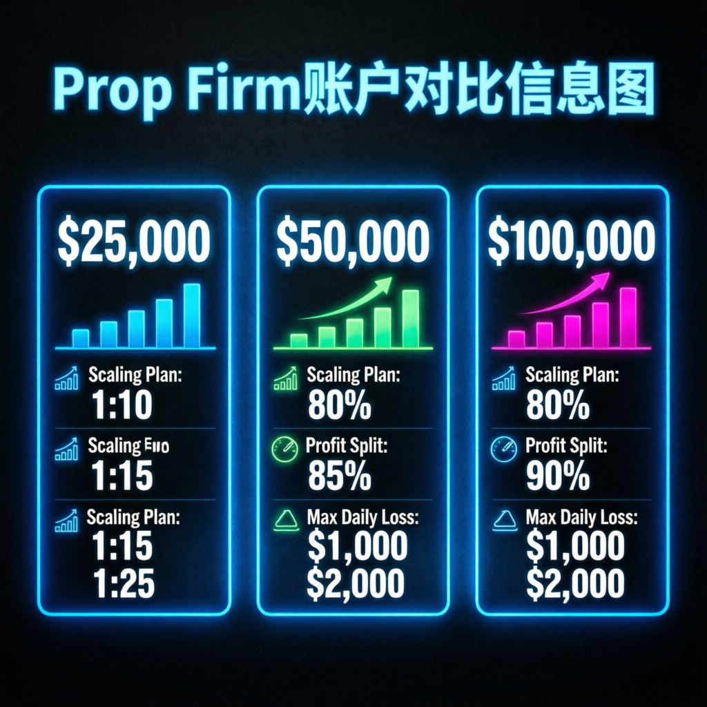 Prop firm account comparison infographic showing $25K, $50K, $100K account sizes
