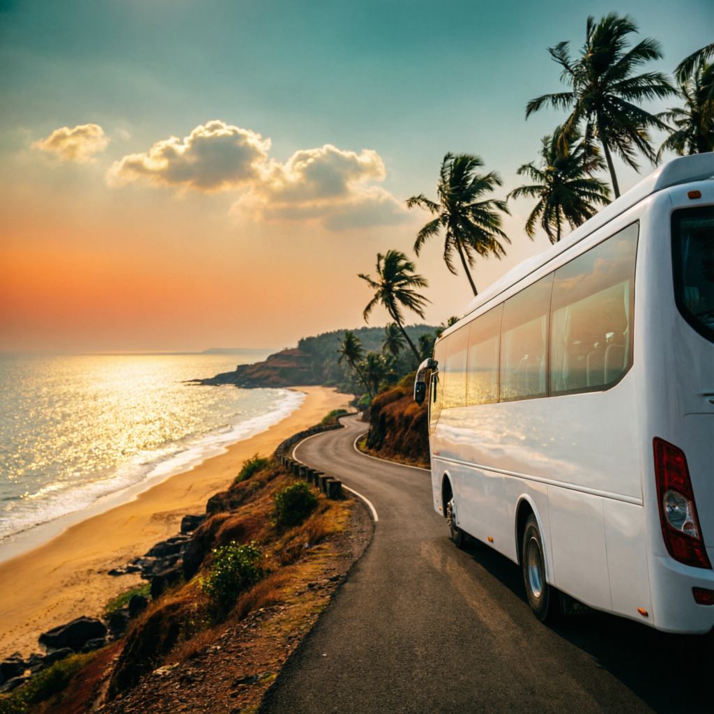 Tempo Traveller on Goa coastal road at sunset