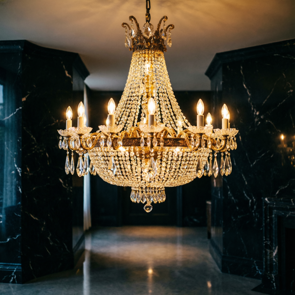 Luxury crystal chandelier glowing in a dark premium interior — best lighting shop in Hyderabad